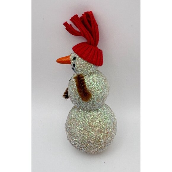 Vintage Glitter Snowman Christmas Tree Ornament Handmade with Red Hat - Picture 5 of 7